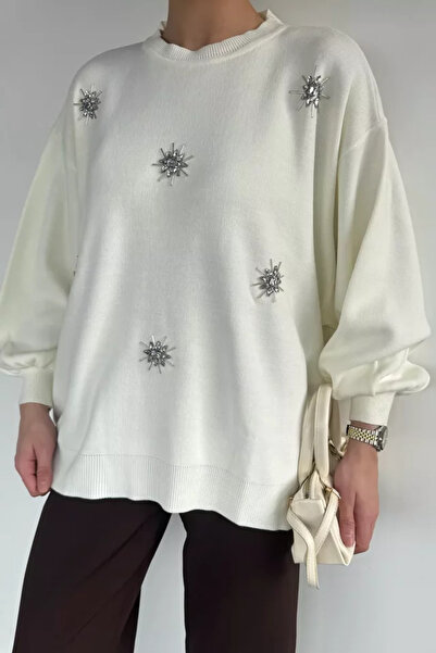 TOZLU Women's Crew Neck Stoned Casual Knitwear Sweater (Stones May Vary.)