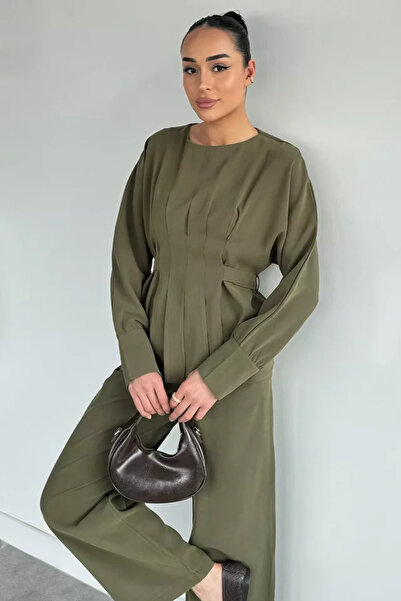 TOZLU Gülseli Women's Pleated Belted Blouse and Elastic Waist Pants Two-Piece...