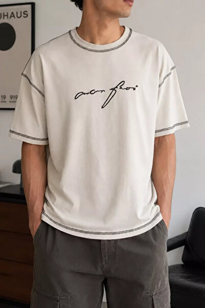 TOZLU Men's Crew Neck T-Shirt with Front Embroidery and Stitching Detail