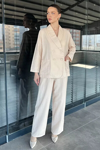 TOZLU Women's Double-Breasted Collared Jacket and Trousers Two-Piece Set