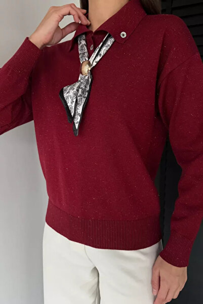 TOZLU Gülseli Women's Polo Collar Knitwear Blouse with Scarf and Brooch