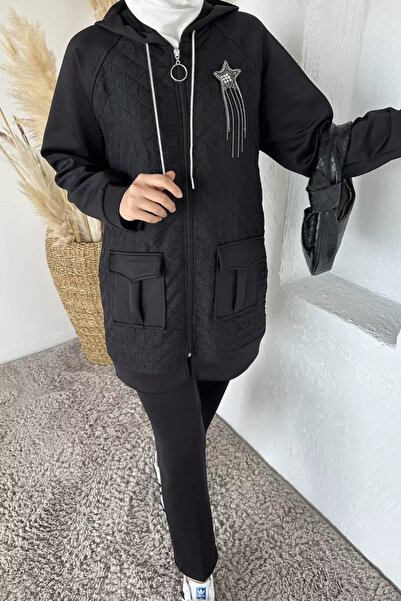 TOZLU Quilted Brooch Detailed Hooded Hijab Tunic and Elastic Waist Pants Doub...