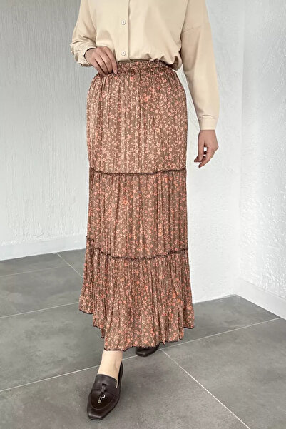 TOZLU Patterned Chiffon Hijab Skirt with Elastic Waist