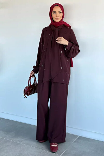 TOZLU Elastic Waist Trousers, Stone Embroidered Shawl Collar Shirt, Hijab, Tw...
