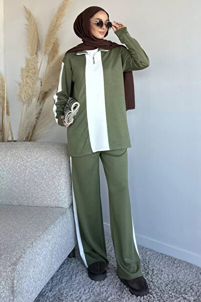 TOZLU Hijab Half-Zipper Color-Decorated Tunic and Pants Double Set