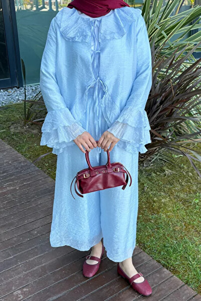 TOZLU Elastic Waist Pants, Ruffled Jacket, Hijab, Two-Piece Set