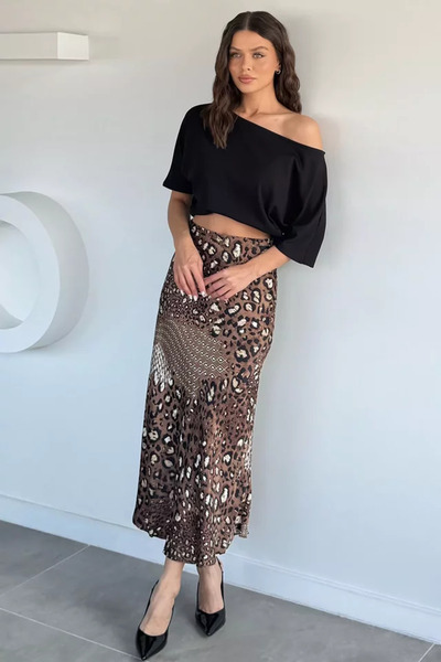 TOZLU Women's Patterned Satin Skirt with Elastic Waist