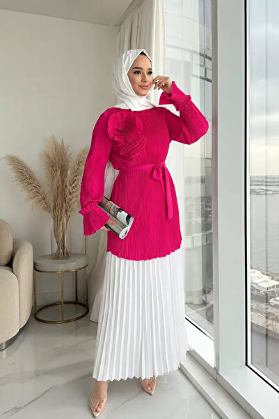 TOZLU Collar Rose Detailed Pleated Sleeve Elasticated Hijab Tunic