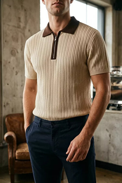 TOZLU Men's Polo Collar Half Zipper Patterned Knitwear T-Shirt