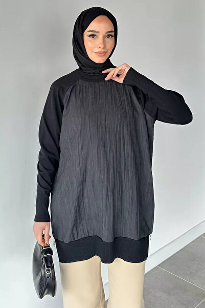 TOZLU Tunica Hijab Gülseli cu decolteu rotund și detaliu cu fermoar lateral