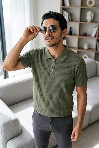 TOZLU Men's Polo Collar Half Zipper Patterned Knitwear T-Shirt