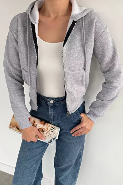 TOZLU Hanorac crop top pentru femei, cu glugă, cu buzunare duble și fermoar f...