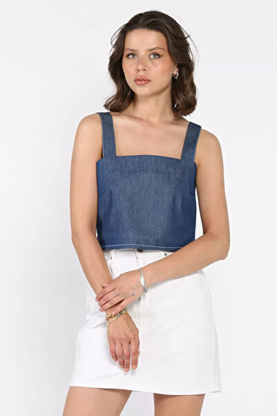 TOZLU Thick Strap Jean Denim Bustier with Corset on the Back