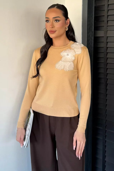 TOZLU Women's Crew Neck Floral Figured Knitwear Blouse