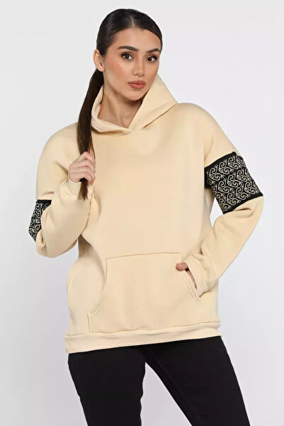 TOZLU Women's Hooded Sweatshirt with Sleeve Detail