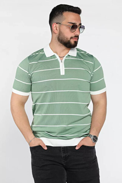 TOZLU Men's Polo Collar Half Zipper Striped Patterned Knitwear T-Shirt