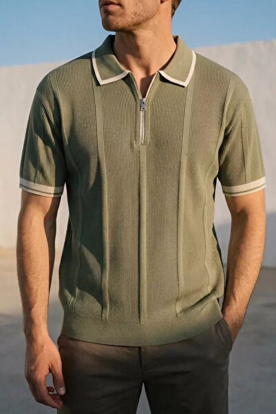 TOZLU Men's Polo Collar Half Zipper Striped Patterned Lycra Knitwear T-Shirt