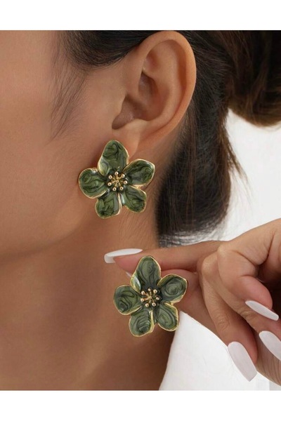Mega Bazaar Green Floral Pattern Enamel Earrings