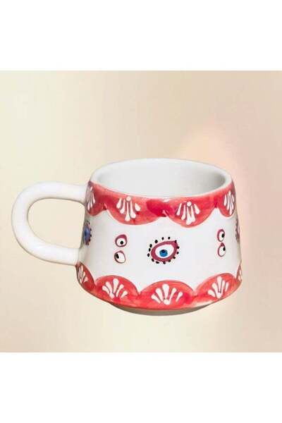 Generic Brand Handmade Ceramic Coffee Mug with Evil Eye Design, White/Red