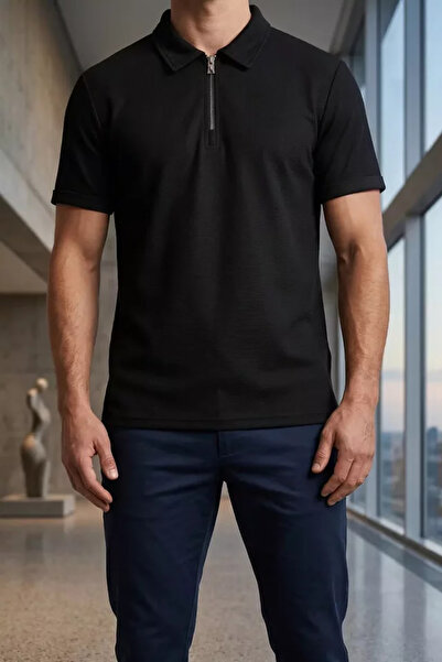 TOZLU Polo Collar Zippered Slim Fit Men's T-Shirt