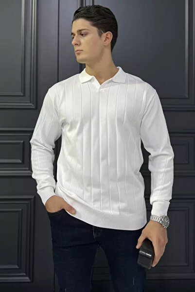TOZLU Pulover tricotat pentru bărbați cu model în dungi și guler polo