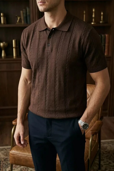 TOZLU Men's Polo Collar Half Button Knitwear T-Shirt