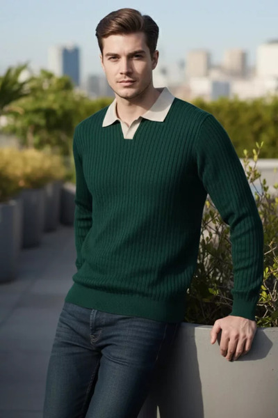 TOZLU Pulover tricotat pentru bărbați, cu guler polo și model propriu