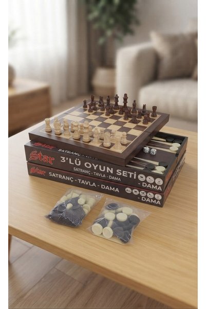 C&On Design 3-in-1 Game Set 31X31 cm - Chess, Backgammon and Checkers Set (Foldable Plastic / Wood Look Intelligence Game)