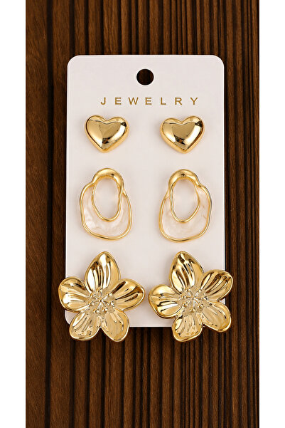 Mega Bazaar Flower and Heart Patterned Triple Earring Set