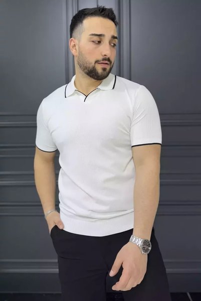 TOZLU Tricou tricotat cu guler polo și detaliu cu dungi pentru bărbați