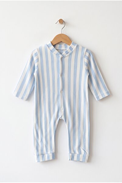hobbe baby Mavi Çizgili Desenli Bebek Tulumu 3-6-9 Ay % 100 Pamuk