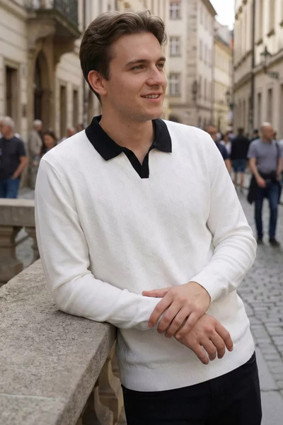 TOZLU Self-Patterned Polo Collar Men's Knit Sweater