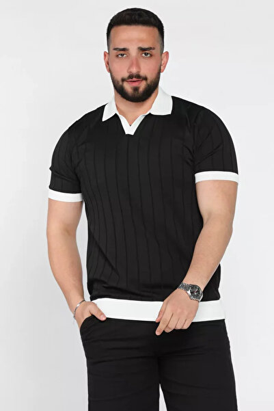 TOZLU Tricou tricotat pentru bărbați, cu guler polo, cu model cu linii și det...