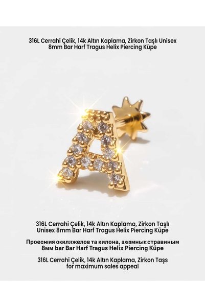 Öte Beri 316L Cerrahi Çelik Altın Kaplama Kararmaz Alerji Yapmaz Zirkon Taş F...