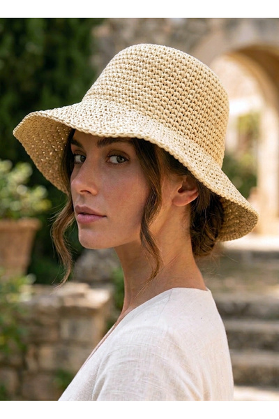 STELLA VESTİNO Straw Bucket Knitted Beach Hat - Sun Protection Foldable Premi...