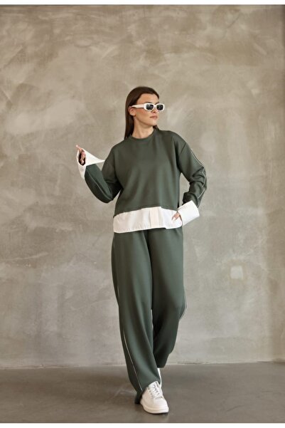 EVOA Women's Green Oversize Shirt and Piping Detailed Two-Piece Set