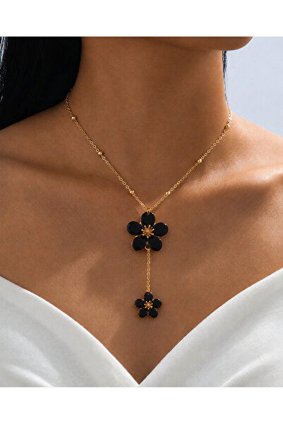 Mega Bazaar Black Enamel Detailed Flower Model Necklace