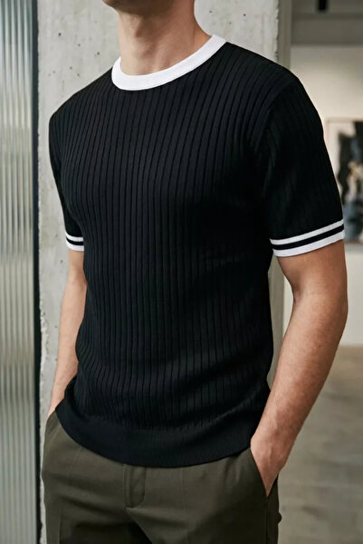 TOZLU Tricou tricotat cu mâneci reiate și guler cu dungi pentru bărbați