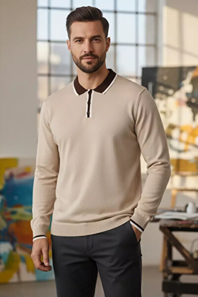 TOZLU Men's Polo Collar Half Buttoned Color-Blocked Knit Sweater