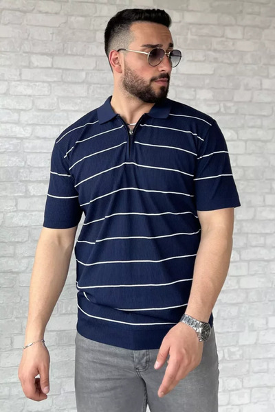 TOZLU Men's Polo Collar Half Zipper Striped Patterned Knitwear T-Shirt
