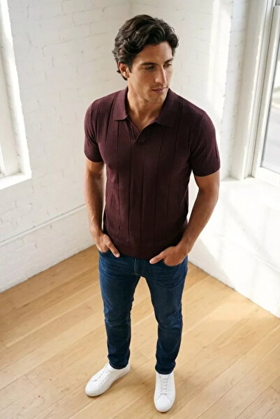TOZLU Men's Polo Neck T-Shirt with Self-Line Pattern
