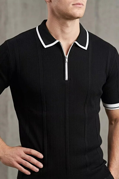 TOZLU Men's Polo Collar Half Zipper Striped Patterned Lycra Knitwear T-Shirt