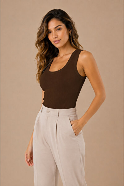 Nymora Women's 95% Cotton U-Neck Thick Strap Ribbed Camisole Undershirt Brown