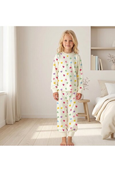 ROSAMİNA Kız Çocuk %100 PamuklU KREM KALP Desen Pijama Takımı