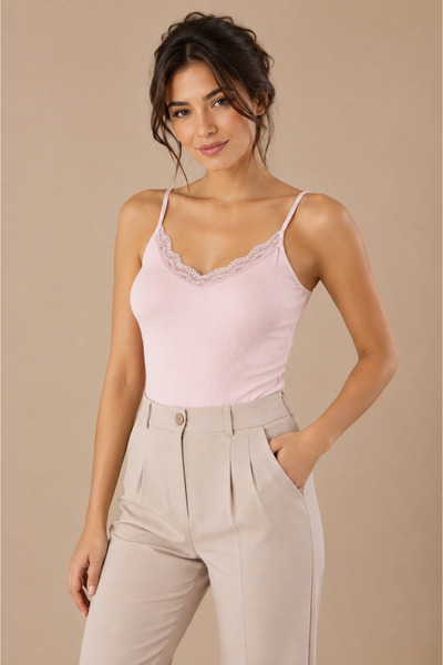 Nymora Women's 95% Cotton Lace Detailed Thin Strap Ribbed Undershirt Pink