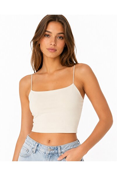 Melinova Kadın Krem İnce Askılı Crop Atlet Esnek Basic Günlük Top