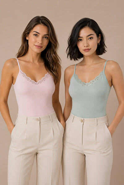 Nymora Women's 2-Pack 95% Cotton Lace Detailed Thin Strap Ribbed Undershirt P...