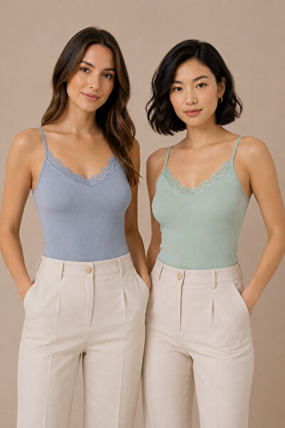 Nymora Women's 2-Piece 95% Cotton Lace Detailed Thin Strap Ribbed Undershirt ...