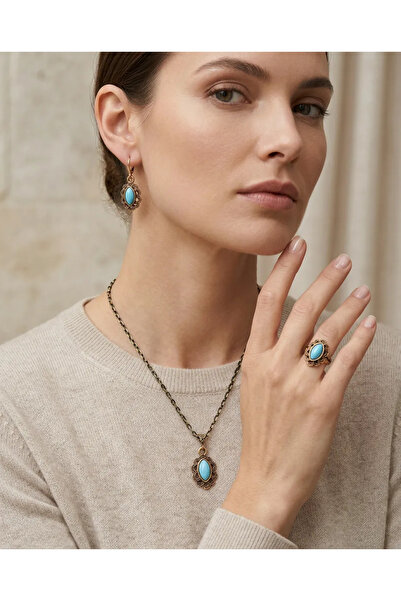 Dorvina Bronz Kadın Bakır KadınTakı Seti Turkuaz Taş Bukleli Damla Vintage Ko...