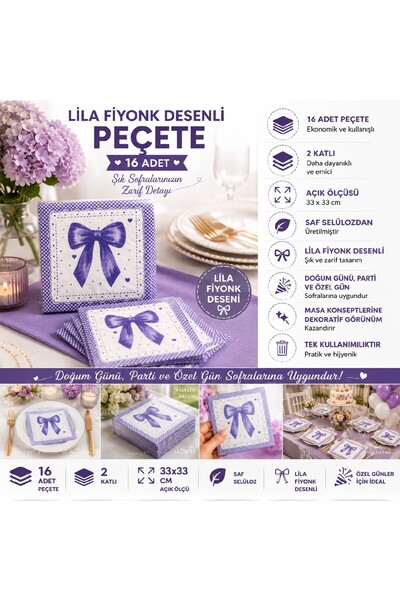Bkmc Bow Patterned 16-Piece Party Napkins 33X33 cm |   Stylish Napkin with Bo...